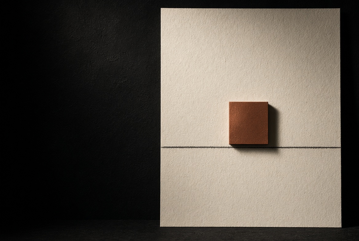 A paper plate on a black field, copper tick above a single rule.