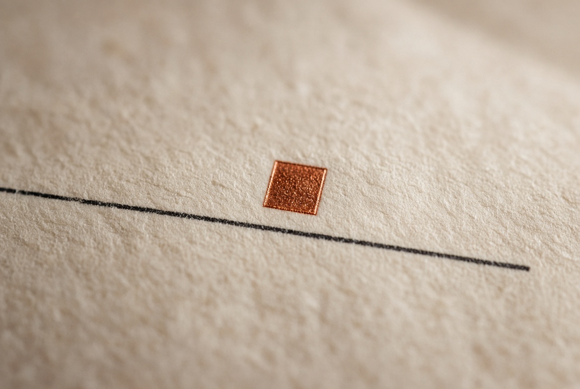 Close view of a copper tick above a charcoal rule on paper fiber.