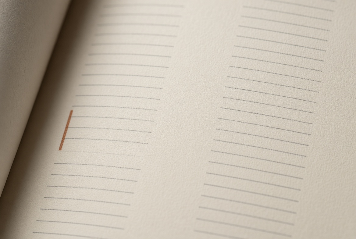 An open ledger with a copper tick in the margin.
