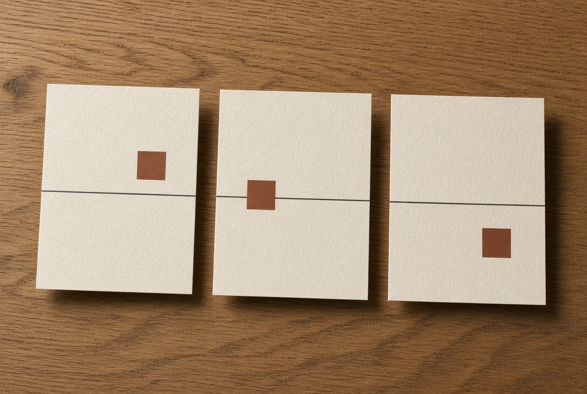 Three paper cards. The copper mark sits above the line, on the line, and below the line.